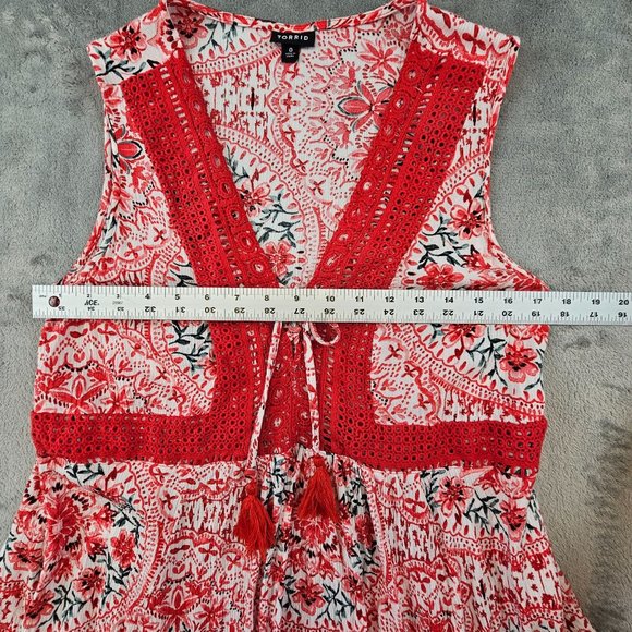 Torrid Top Women's‎ 0/L Multicolor Babydoll Crinkle Gauze Crochet Inset Lace-Up - Picture 5 of 10